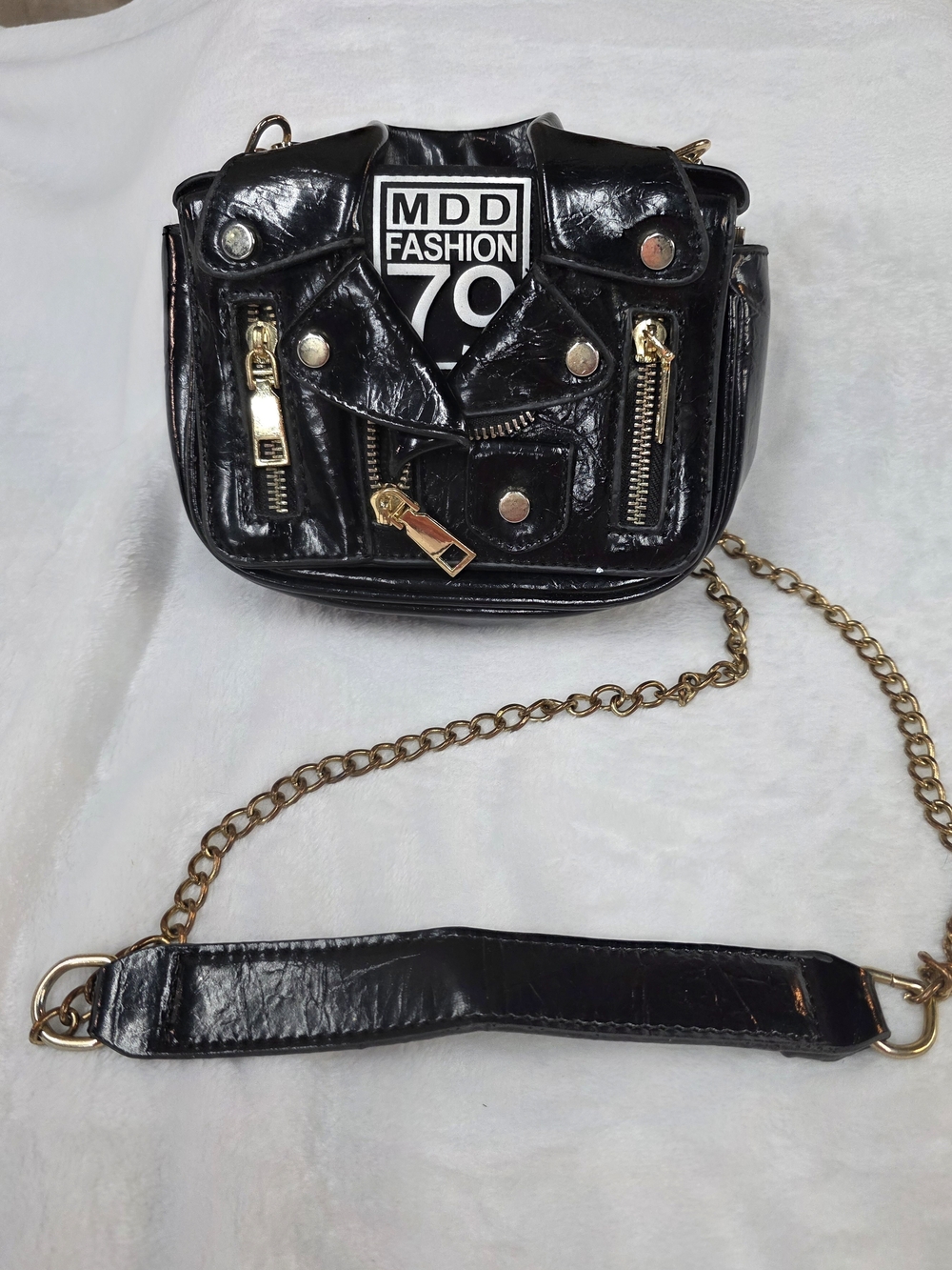 MDD FASION 79 Black Faux Leather Biker-Style Crossbody Bag with Gold Chain